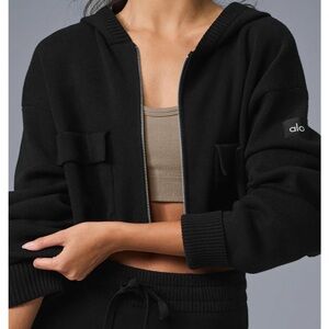 ALO Yoga Scholar Knit Cargo Full Zip Cropped Cardigan Jacket Black